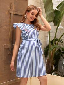 SHEIN Maternity Striped Print Belted Ruffle Trim Dress - Blue and White - View 4