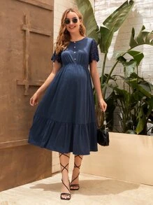 SHEIN Maternity Guipure Lace Sleeve Ruffle Hem Dress - Navy Blue - View 1