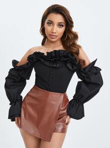 SHEIN Blusa de hombros descubiertos fruncido con cuenta con perla de manga con volante - Negro - Ver 1