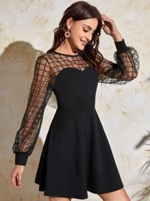 SHEIN Privé Contrast Mesh Lantern Sleeve Dress - Black - View 1