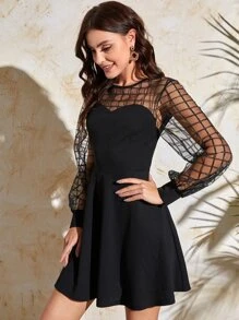 SHEIN Privé Contrast Mesh Lantern Sleeve Dress - Black - View 4