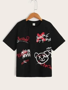 SHEIN Tops con trai Hoạt hình Slogan Giải trí - màu đen - Xem 1