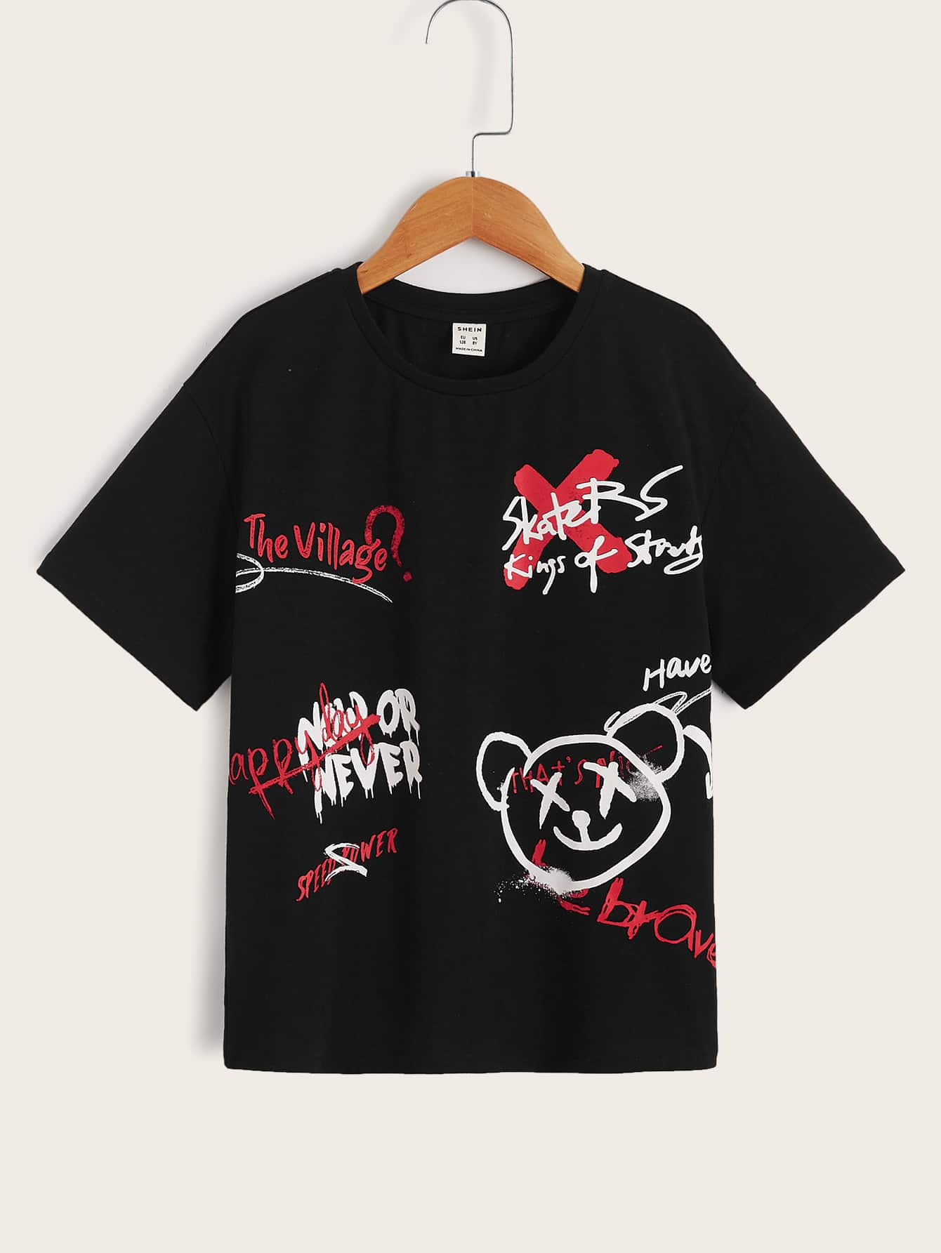 SHEIN Tops con trai Hoạt hình Slogan Giải trí - màu đen - Xem 1