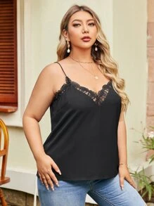 SHEIN Frenchy Plus Contrast Lace Cami Top - Black - View 4