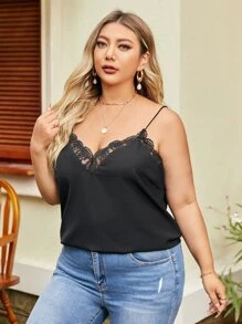SHEIN Frenchy Plus Contrast Lace Cami Top - Black - View 5