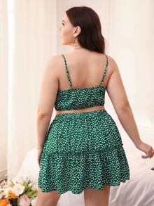 大碼碎花前紐扣吊帶上衣和荷葉邊半身裙 - 綠色 - 查看 2