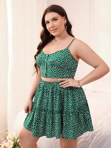 大碼碎花前紐扣吊帶上衣和荷葉邊半身裙 - 綠色 - 查看 3