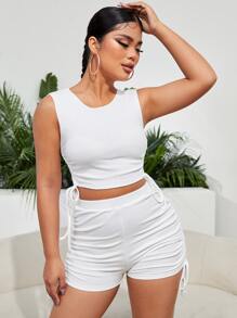 SHEIN SXY 抽繩褶邊短上衣和短褲套裝 - 白色 - 查看 4