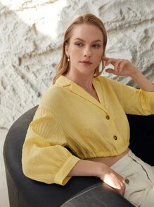 MOTF PREMIUM VISCOSE BALLOON SLEEVE CROPPED BLOUSE - Yellow - View 5