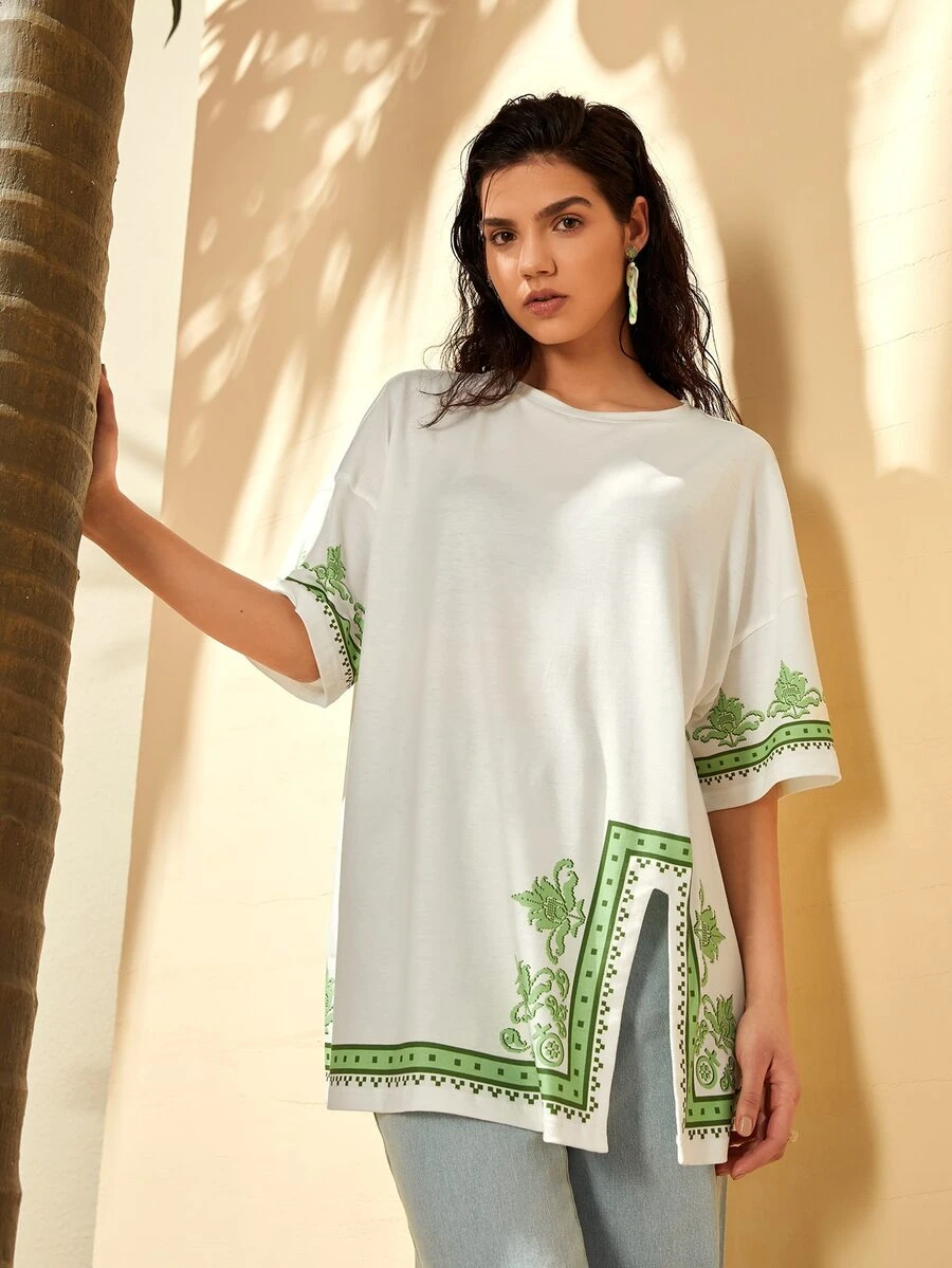 Mulvari Áo thun nữ Chia Hình học Bộ lạc Giải trí - trắng - Xem 1