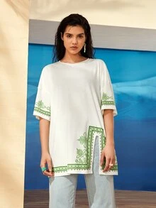 Mulvari Áo thun nữ Chia Hình học Bộ lạc Giải trí - trắng - Xem 4