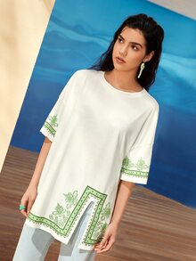 Mulvari Áo thun nữ Chia Hình học Bộ lạc Giải trí - trắng - Xem 6