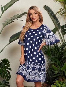 EMERY ROSE 植物和波點圖案蝴蝶袖連衣裙 - 彩色 - 查看 2