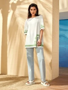 Mulvari Áo thun nữ Chia Hình học Bộ lạc Giải trí - trắng - Xem 8