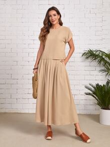 EMERY ROSE Bộ đồ hai mảnh nữ màu trơn Giải trí - Màu Khaki - Xem 1