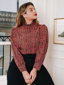 大碼小碎花燈籠袖襯衫 - 彩色 - 查看 1