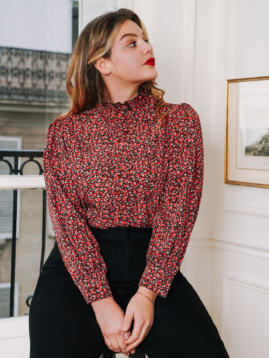 大碼小碎花燈籠袖襯衫 - 彩色 - 查看 1