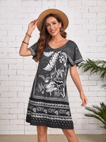 EMERY ROSE 熱帶圖案荷葉袖連衣裙 - 彩色 - 查看 2