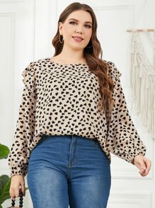 SHEIN Unity Plus Dalmatian Print Lantern Sleeve Ruffle Trim Blouse - Multicolor - View 1