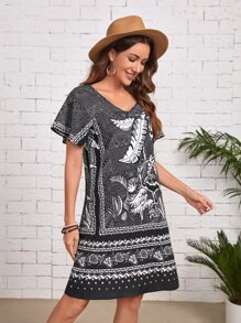 EMERY ROSE 熱帶圖案荷葉袖連衣裙 - 彩色 - 查看 4