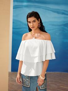 Mulvari Top a capas fruncido con cadena con cordón trasero - Blanco - Ver 1