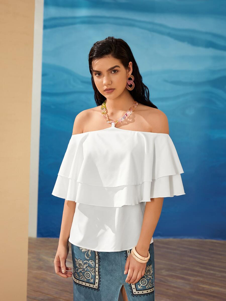 Mulvari Top a capas fruncido con cadena con cordón trasero - Blanco - Ver 1