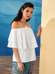 Mulvari Top a capas fruncido con cadena con cordón trasero - Blanco - Ver 3