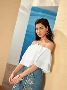 Mulvari Top a capas fruncido con cadena con cordón trasero - Blanco - Ver 8