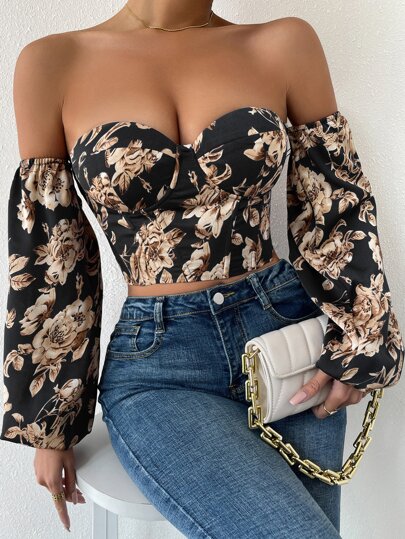 Breezaya Off Shoulder Floral Print Lantern Sleeve Crop Top Fall Cloth For Women