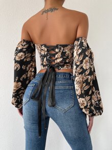 Breezaya Off Shoulder Floral Print Lantern Sleeve Crop Top Fall Cloth For Women