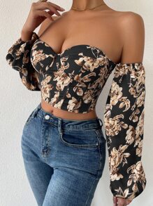 Breezaya Off Shoulder Floral Print Lantern Sleeve Crop Top Fall Cloth For Women