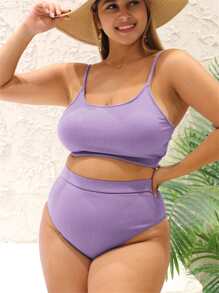 SHEIN Swim Curve Summer Beach Plus Size Ribbed Bikini Set Adjustable Strap Cami Top & High Waisted Bottom 2 Pieces Bikini - Lilac Purple - View 3