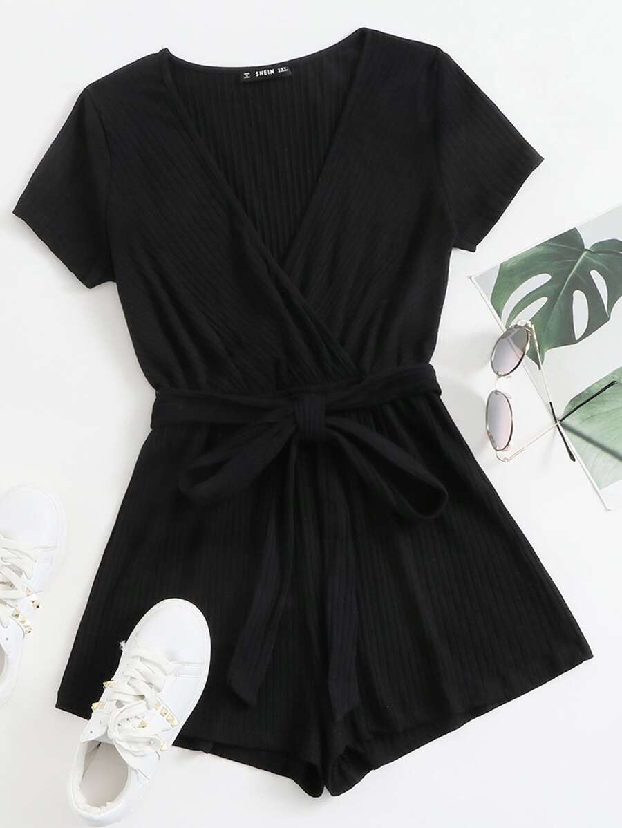 SHEIN EZwear Jumpsuits Plus Size Thắt lưng Trọn gói Gân đan màu trơn Giải trí - màu đen - Xem 1