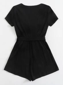 SHEIN EZwear Mono con cinturón tejido de canalé de cuello cruzado - Negro - Ver 2