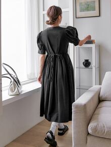 DAZY 泡泡袖單排釦洋裝 - 黑色 - 查看 2