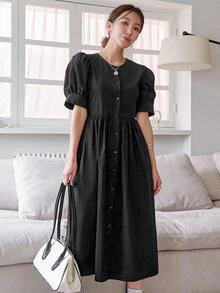 DAZY 泡泡袖單排釦洋裝 - 黑色 - 查看 3