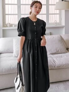 DAZY 泡泡袖單排釦洋裝 - 黑色 - 查看 4