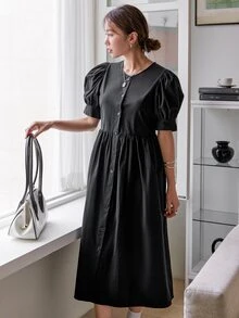 DAZY 泡泡袖單排釦洋裝 - 黑色 - 查看 5