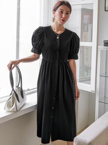 DAZY 泡泡袖單排釦洋裝 - 黑色 - 查看 6