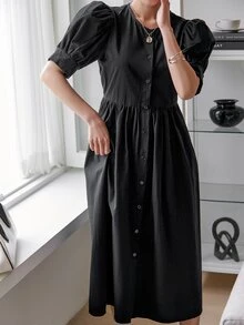 DAZY 泡泡袖單排釦洋裝 - 黑色 - 查看 7