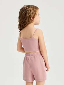 SHEIN Bộ thời trang bé gái Gân đan màu trơn Giải trí - Bụi hồng - Xem 2