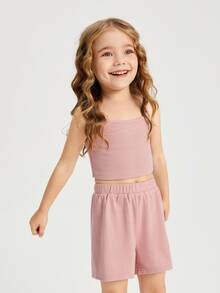 SHEIN Bộ thời trang bé gái Gân đan màu trơn Giải trí - Bụi hồng - Xem 3