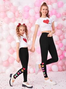 SHEIN Leggings Bé Gái Tim Giải trí - màu đen - Xem 3