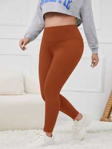 SHEIN EZwear 大碼素色寬腰帶緊身打底褲 - 棕色 - 查看 1