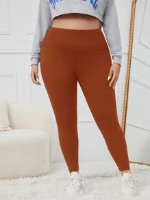 SHEIN EZwear 大碼素色寬腰帶緊身打底褲 - 棕色 - 查看 5