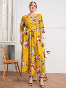 SHEIN Clasi 大碼插肩袖滿版花卉圖案腰帶洋裝 - 彩色 - 查看 1