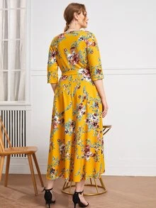 SHEIN Clasi 大碼插肩袖滿版花卉圖案腰帶洋裝 - 彩色 - 查看 2