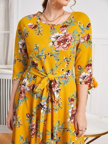 SHEIN Clasi 大碼插肩袖滿版花卉圖案腰帶洋裝 - 彩色 - 查看 5