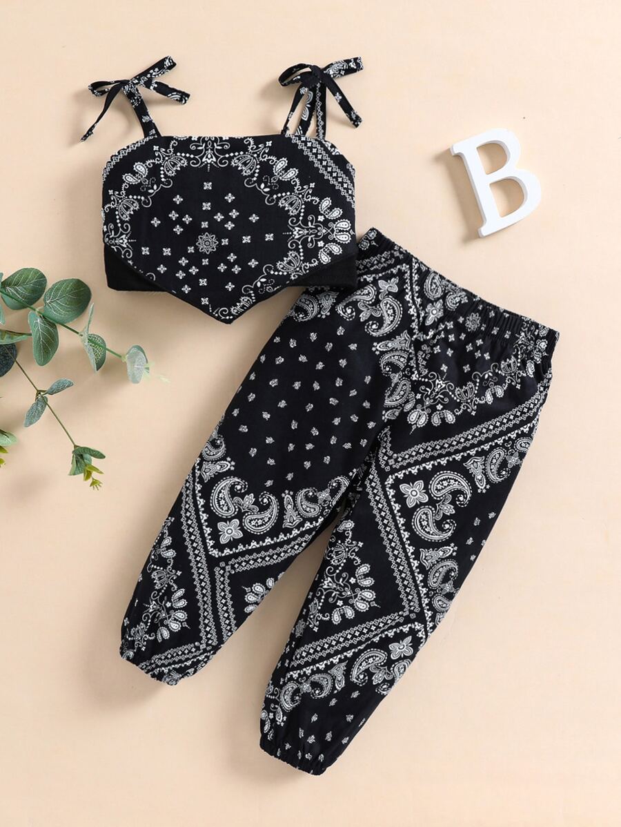 嬰兒女孩paisley印花蝴蝶肩帶斗篷背心和褲子