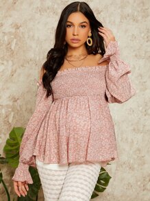 SHEIN Áo sơ mi Bà bầu viền lá sen Viên lá sen Dải chun Họa tiết hoa Boho - Nhiều màu - Xem 1